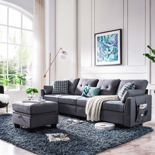 HONBAY Reversible Sectional Sofa Couch for Living Room L-Shape Sofa Couch 4-seat Sofas Sectional for Apartment Dark Grey