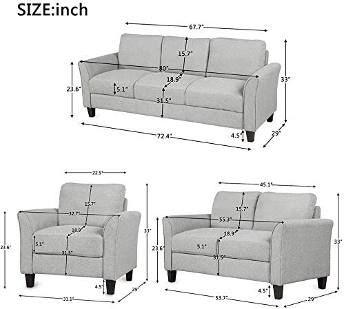 Recaceik Piece Couch Furniture, Living Room Sectional, Linen Fabric, Polyester, Modular Sofa (1 Loveseat + 3-Seat, Gray White)