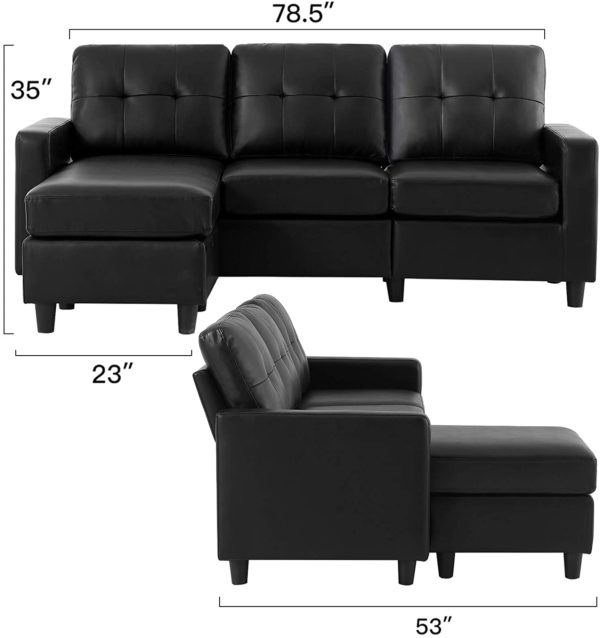 HONBAY Convertible Sectional Sofa Couch Leather L-Shape Couch with Modern Faux Leather Sectional for Small Space Apartment Black