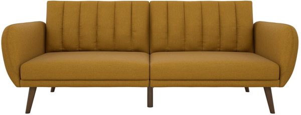 Novogratz Brittany Sofa Futon, Premium Linen Upholstery and Wooden Legs, Mustard Linen