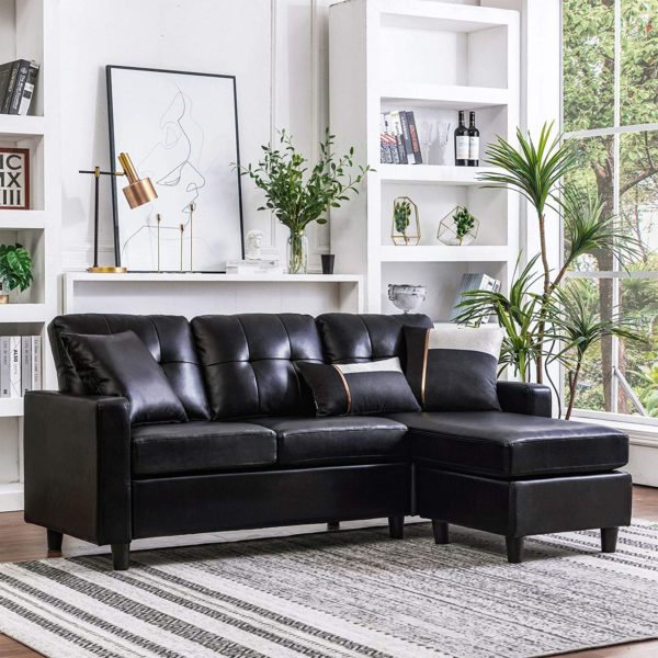 HONBAY Convertible Sectional Sofa Couch Leather L-Shape Couch with Modern Faux Leather Sectional for Small Space Apartment Black
