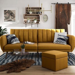 Novogratz Brittany Sofa Futon, Premium Linen Upholstery and Wooden Legs, Mustard Linen