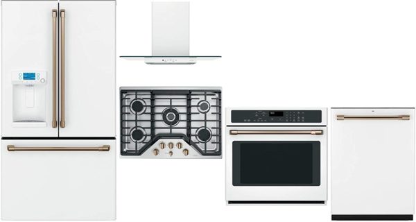 GE Cafe 5 Piece Kitchen Package CFE28TP4MW2 36"French Door Refrigerator, CGP95303MS2 30" Gas Cooktop, CVW73014MWM 30" Hood, CTS90DP4MW2 30" Wall Oven CDT836P4MW2 24" Built In Dishwasher in Matte White