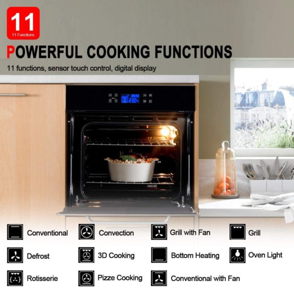 Single Wall Oven, GASLAND Chef ES611TB 24" Built-in Electric Ovens, 240V 3200W 2.3Cu.f 11 Cooking Functions Convection Wall Oven with Rotisserie, Digital Display, Touch Control, Tempered Glass Finish