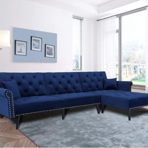 elvet Fabric Sectional Sofa Set Corner Couch with Chaise Lounge Living Room Furniture (Navy Blue)