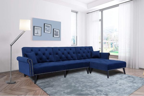 elvet Fabric Sectional Sofa Set Corner Couch with Chaise Lounge Living Room Furniture (Navy Blue)
