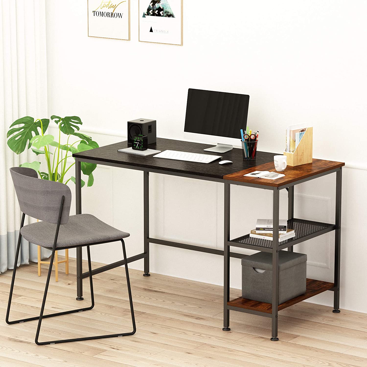 JOISCOPE Computer Desk with Shelves,Laptop Table with Grid Drawer,47 inches Black Oak Finish 