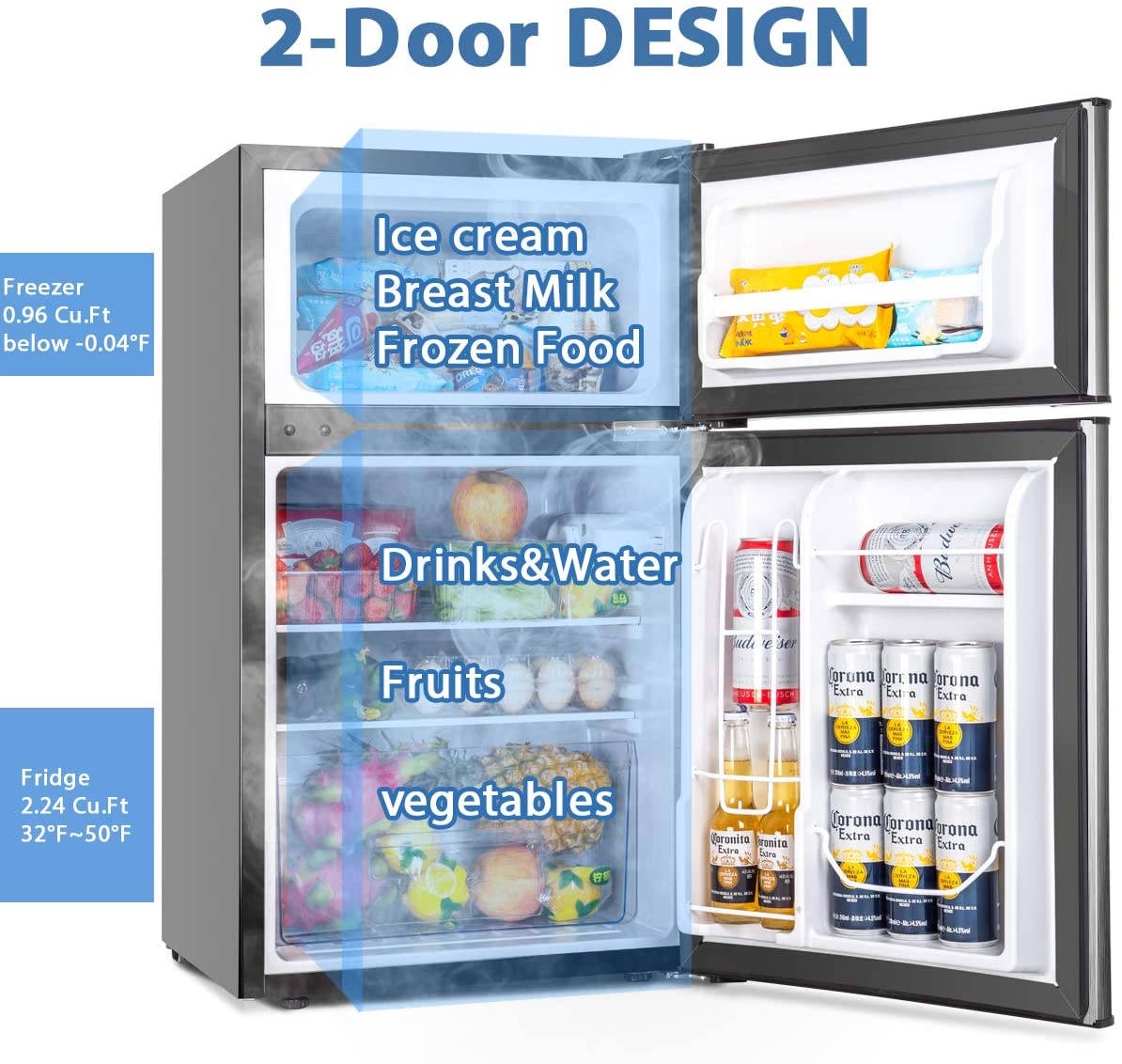 WHD-113FB1 Double Door Mini Fridge with Freezer for Bedroom Office or Dorm  with