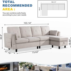 Walsunny Reversible Sectional Sofa Couch for Living Room L-Shape Sofa Couch 4-seat Sofas Sectional for Apartment (Beige)